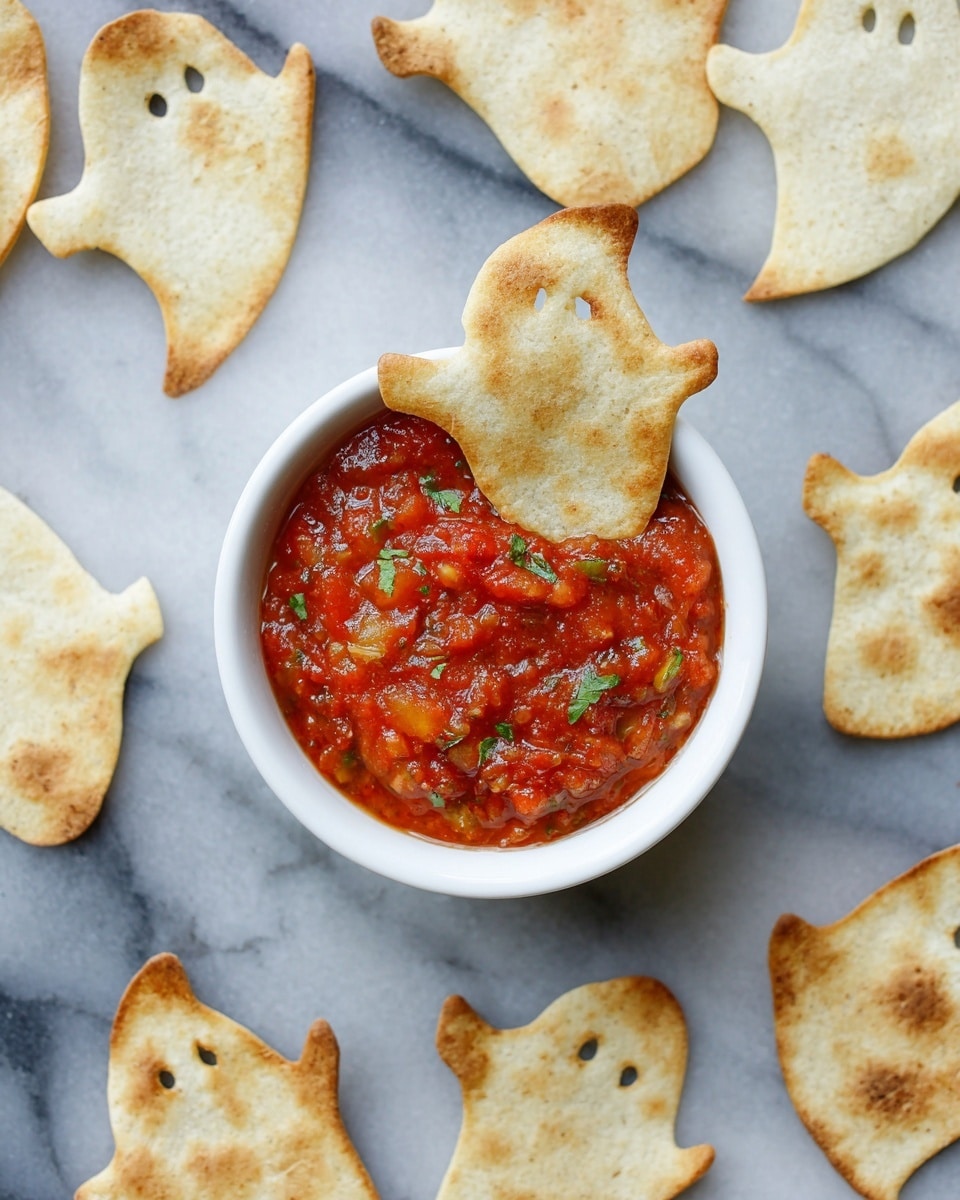A small white bowl filled with chunky, bright red salsa sprinkled with small green herb pieces sits in the center. A ghost-shaped tortilla chip with a light golden and slightly toasted texture is dipped halfway into the salsa. Around the bowl, several similar ghost-shaped chips with pale golden color and toasted spots are scattered on a white marbled surface. The chips have a crisp texture with subtle brown marks. photo taken with an iphone --ar 4:5 --v 7