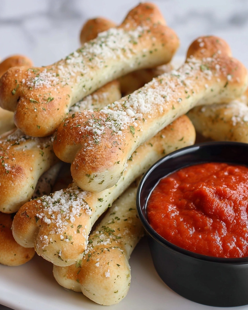 A white square plate is filled with soft, golden-brown breadsticks shaped like bones, each sprinkled with a light dusting of white cheese and green herbs. On the right side of the plate, there is a small white bowl holding a thick red marinara sauce. The plate is placed on a white marbled surface, and part of a black and white checkered cloth is visible beneath the plate. The breadsticks show a slight shine and texture from the seasoning, with some rounded edges and small air pockets visible on the surface. Photo taken with an iphone --ar 4:5 --v 7