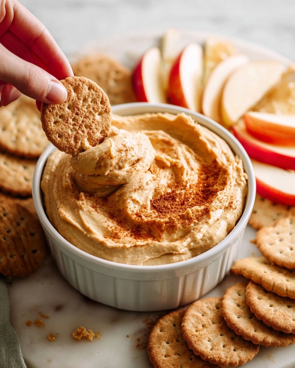 A white bowl filled with a creamy, light brown dip sprinkled with a reddish powder on top sits on a white marbled surface. A woman's hand is dipping a round, textured cookie with a patterned design into the thick dip, lifting some up. Around the bowl, there are several more round cookies, long rectangular crackers, and slices of red-skinned apples arranged neatly, creating a colorful and inviting snack display. photo taken with an iphone --ar 4:5 --v 7