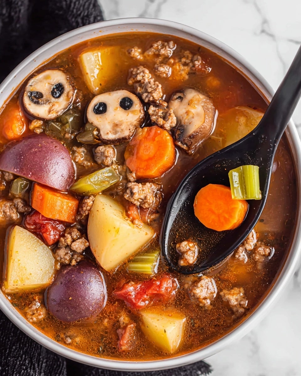 A white bowl filled with thick vegetable and meat soup, showing chunks of red and purple potatoes, orange carrot slices, light green celery pieces, brown whole mushrooms, and small bits of cooked ground meat all mixed in a rich brown broth. A black spoon inside the bowl holds a bright orange carrot slice, a small piece of celery, some ground meat, and tomato bits. The background is a white marbled surface, with part of a black cloth visible near the bowl. Photo taken with an iphone --ar 4:5 --v 7