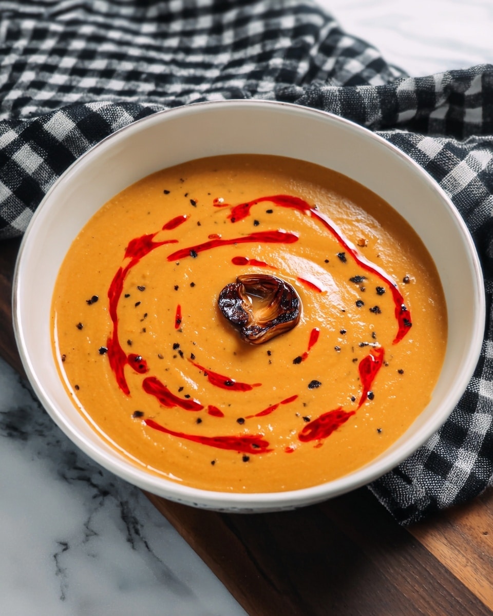 A white bowl holds one thick layer of smooth, creamy orange soup with small black specks on its surface. Bright red swirls decorate the top in a loose, artistic pattern, along with a single caramelized, dark brown garlic clove placed in the center. The bowl sits on a white marbled surface, with a checkered black and white cloth partially visible in the background. Photo taken with an iphone --ar 4:5 --v 7