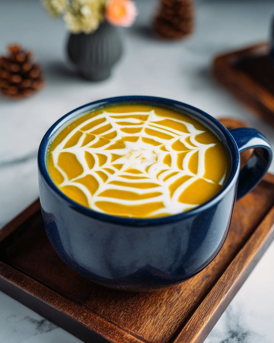 A deep navy blue mug filled with thick mustard yellow soup topped with a white cream swirl pattern that looks like a spider web, the mug placed on a dark wooden board on a white marbled surface, with blurred pine cones and a small flower vase in the background photo taken with an iphone --ar 4:5 --v 7