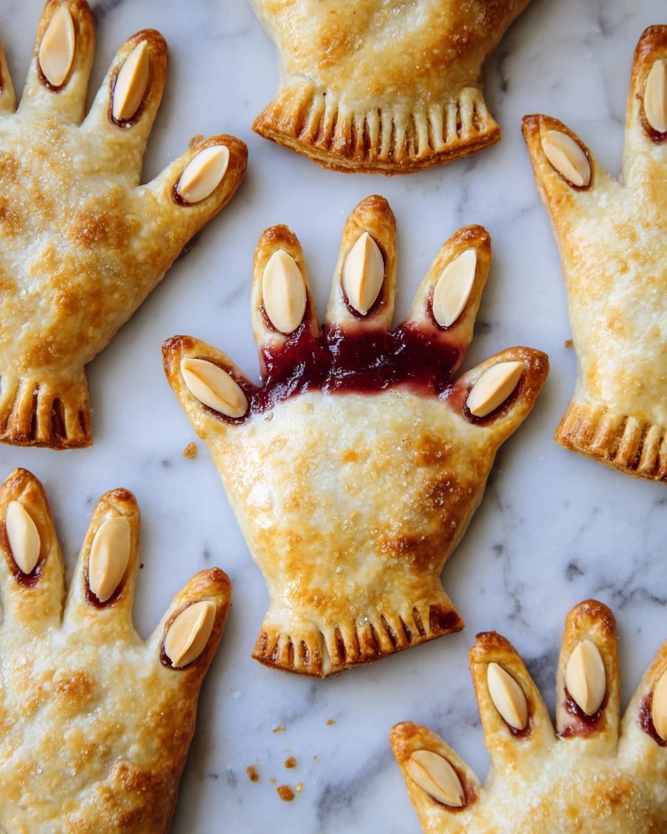 The image shows several hand-shaped pies placed on a white marbled surface. Each pie has five fingers with almond slices on top acting as nails, attached with a darker brown jam or filling at the fingertips. The pies have a golden-baked crust with visible crimped edges. One pie at the center is partially open, showing a deep red jam filling inside. The surface has slight crumbs and marks from baking. photo taken with an iphone --ar 4:5 --v 7