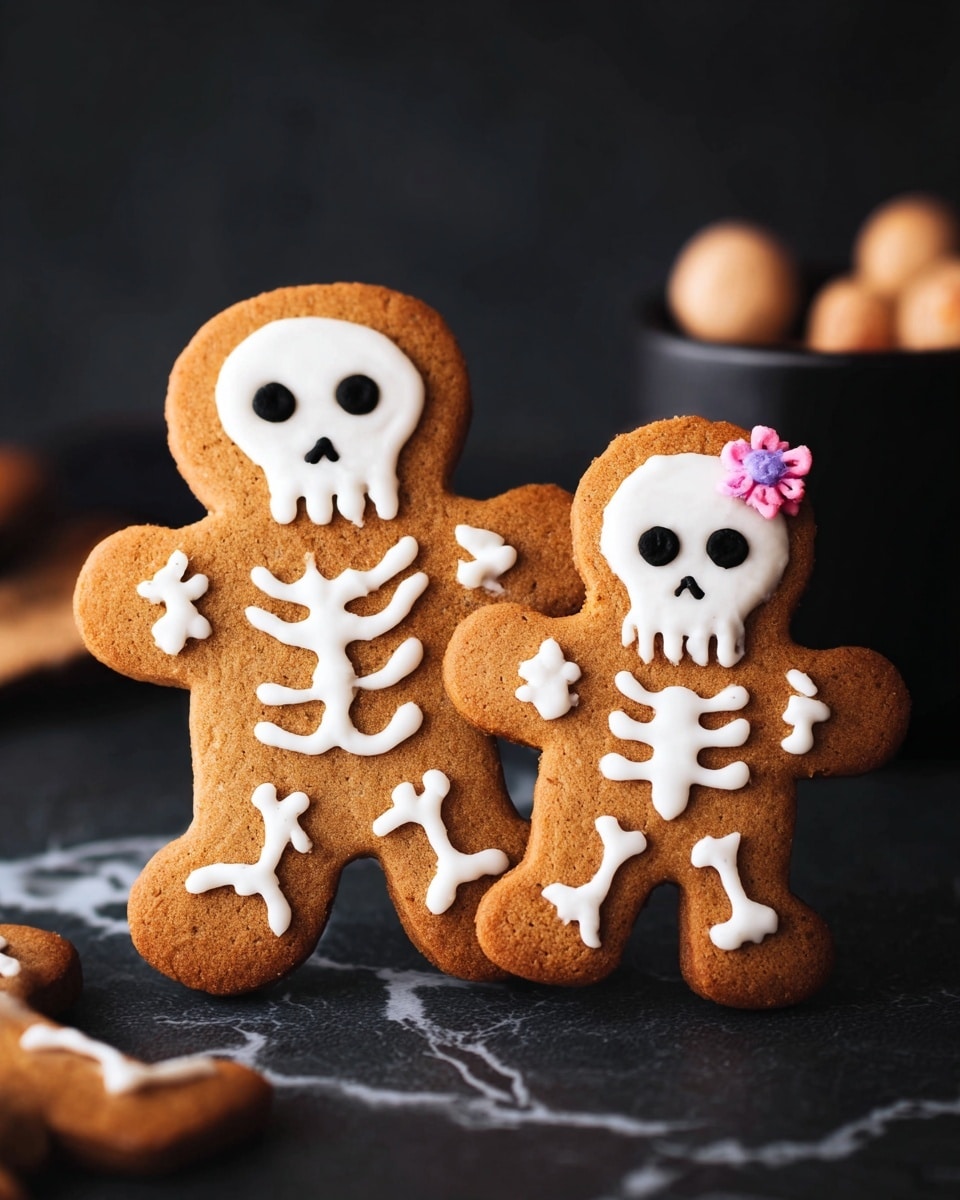 Two gingerbread cookies shaped like human figures stand side by side on a dark surface with a blurred black background and white marbled texture beneath them. The larger cookie displays a white skeleton drawn with icing, with black eyes and nose details, and the smaller cookie has a similar skeleton design, plus a small pink and lavender flower decoration on its head. Both cookies have simple white bone details on their arms and legs. A black cup containing round brown objects is faintly visible in the background. photo taken with an iphone --ar 4:5 --v 7