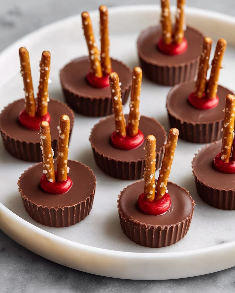 A white round plate on a white marbled surface holds seven small chocolate cups arranged in rows. Each chocolate cup is topped with a red candy ring, which holds a vertical pretzel stick studded with salt grains standing upright in the center. The chocolate has a smooth texture and the pretzel sticks are crunchy with a golden-brown color. The overall look is neat and uniform. Photo taken with an iphone --ar 4:5 --v 7