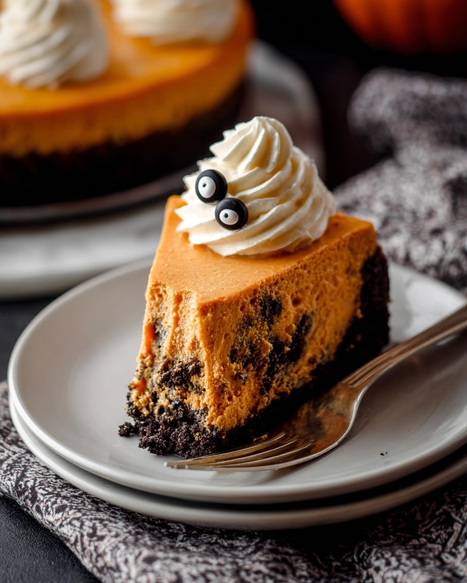 A slice of orange pumpkin pie rests on a white plate; the pie has two visible layers – a thin, crumbly brown crust at the bottom, and a smooth, bright orange pumpkin filling on top. The filling is slightly shiny with small darker spots, showing a baked texture. On the top center of the slice is a swirl of white whipped cream shaped like a small ghost, decorated with two round candy eyes. A silver fork is placed next to the pie slice on the plate. The plate sits on a white marbled surface with a patterned cloth underneath, featuring black stars and small pumpkins. Photo taken with an iphone --ar 4:5 --v 7