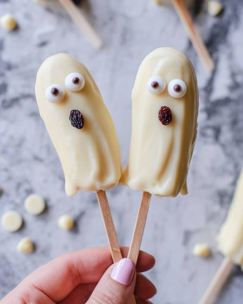 The image shows two popsicles covered in a smooth layer of white chocolate, shaped like ghost faces. Each popsicle has two round white candy eyes with black centers, placed near the top. Below the eyes, a small dark raisin or similar dried fruit is used to create a mouth on each ghost. The popsicles are held upright on wooden sticks. A woman's hand with pale pink painted nails is holding one of the popsicles close to the camera. The background has a white marbled texture with some white chocolate chips scattered around. photo taken with an iphone --ar 4:5 --v 7