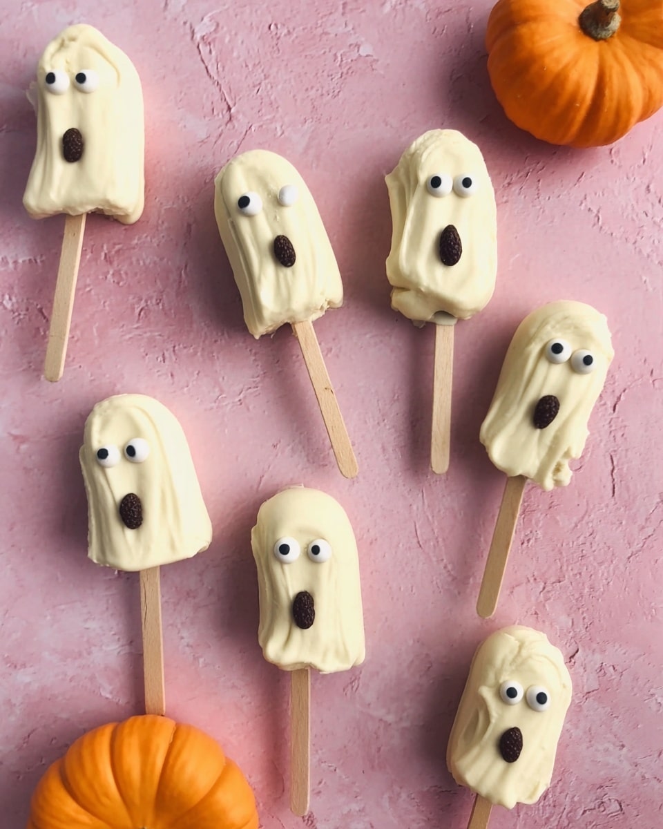 There are six curved banana pieces covered in white cream, each on a wooden stick. The bananas are decorated to look like ghosts with two small round white and black candy eyes placed near the top of each piece. Below the eyes, there is an oval black candy forming a surprised mouth on each ghost. The bananas are placed on a pink textured surface with two small orange pumpkins visible in the corners. photo taken with an iphone --ar 4:5 --v 7