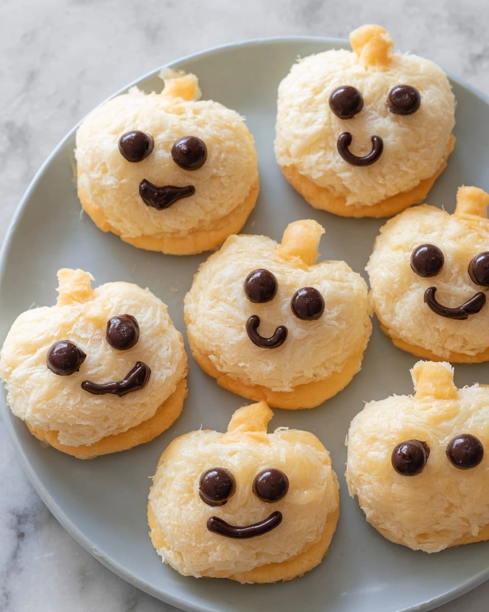 Seven small round pastries are on a white plate with a white marbled texture background. Each pastry has two layers: the bottom layer is light yellow, soft, and slightly fluffy, while the top layer is a pale golden-brown and slightly crispy with a rough texture. Each pastry has chocolate pieces on top arranged like faces, with round chocolate chips as eyes and curved or round larger chocolate pieces as mouths, giving happy and playful expressions. The arrangement is casual and cozy, showing slight cracks and softness on the edges of the pastries. photo taken with an iphone --ar 4:5 --v 7