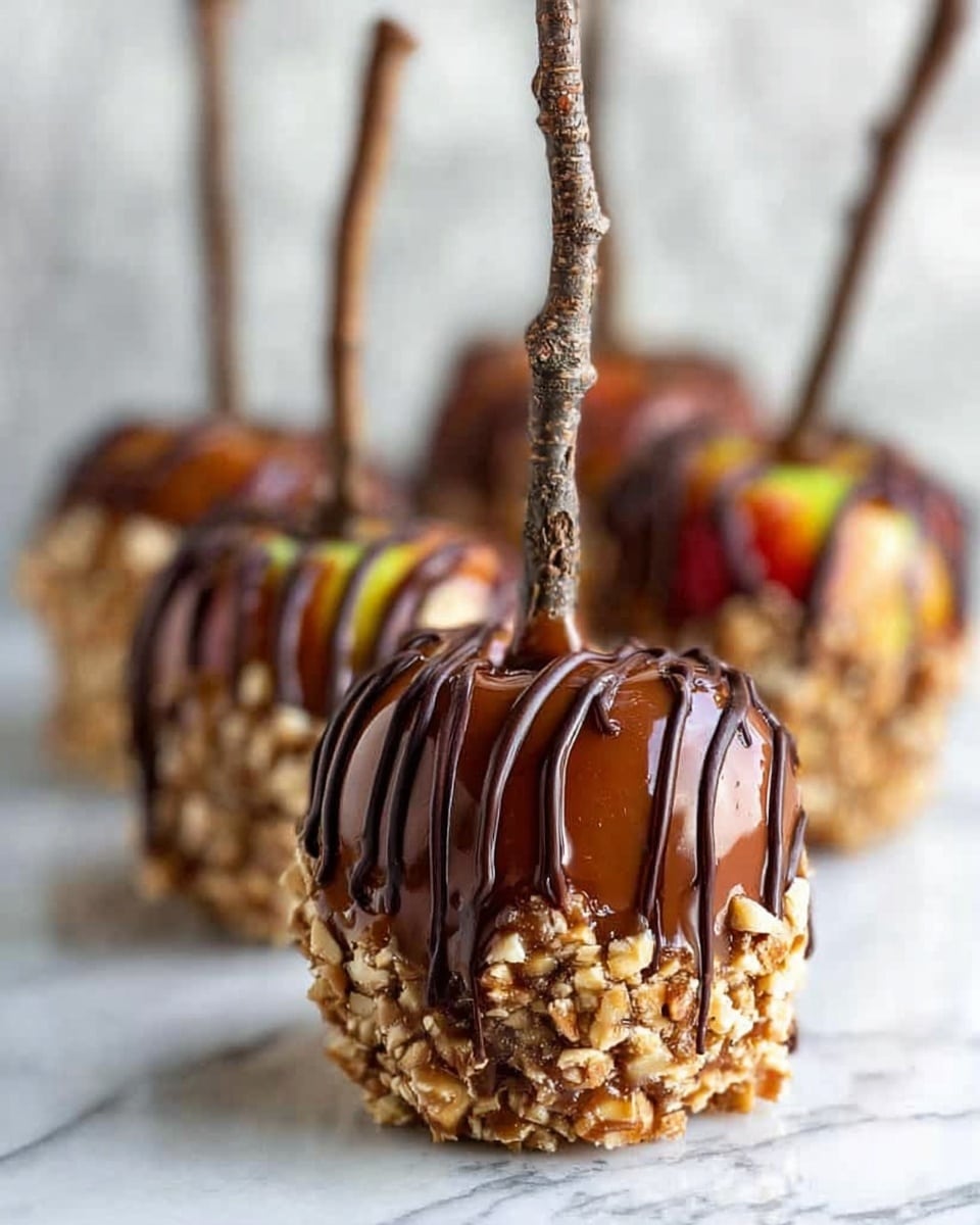 The image shows a red apple on a white wooden surface with a white marbled texture background. The apple has a rough stick inserted at the top as a handle. The bottom half is coated in a layer of caramel, followed by a layer of mixed nuts, giving it a bumpy texture. The top half is drizzled with thin, uneven lines of dark chocolate that run from the top to the nut layer, creating a dripping effect. In the background, there are more apples decorated in a similar way but blurred out. Photo taken with an iphone --ar 4:5 --v 7