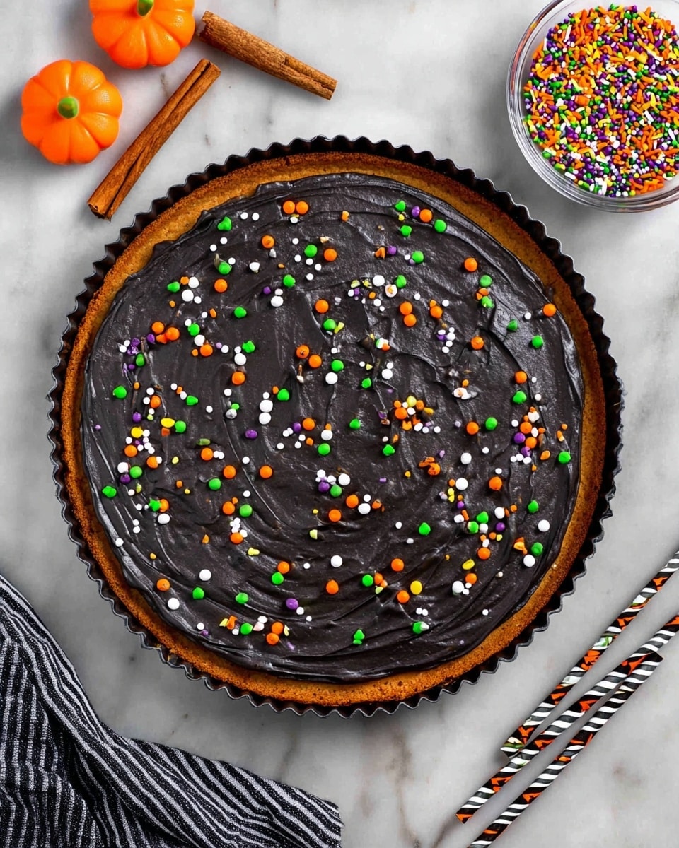 A round cookie cake with a single layer of smooth black frosting spread across the top, decorated with scattered small orange, green, white, and purple sprinkles. The cookie cake sits in a fluted dark pan on a white marbled surface. Nearby are two cinnamon sticks and two small orange pumpkin-shaped candies on the left side, along with a clear round bowl filled with more colorful sprinkles on the right. Two striped paper straws, one black and white and the other orange and white, rest at the bottom left corner. Photo taken with an iphone --ar 4:5 --v 7