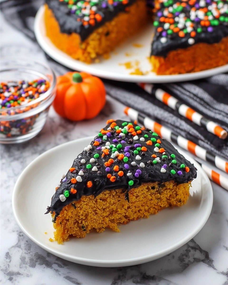 The image shows a single slice of a round cake on a white plate, placed on a white marbled surface. The cake has two clear layers: the bottom layer is a thick, crumbly, orange-brown base, and the top layer is a smooth, thick black frosting sprinkled with small colorful decorations in orange, green, purple, white, and black. Behind the plate, there is a larger portion of the same cake, partly out of focus. Two small pumpkin-shaped candies and a glass bowl with more colorful sprinkles are visible near the cake. Three paper straws with black, white, and orange patterns lie in front of the plate. Photo taken with an iphone --ar 4:5 --v 7
