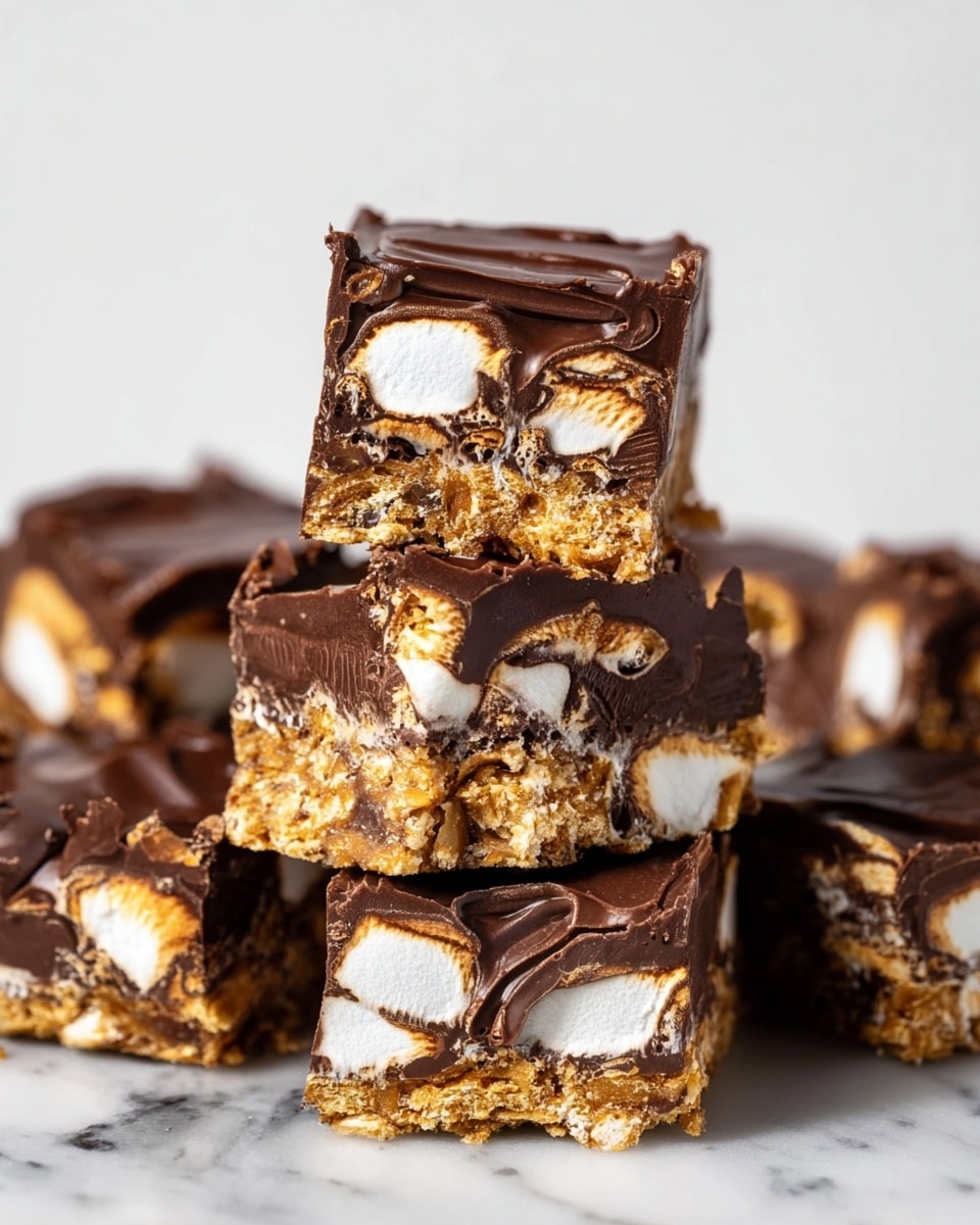 The image shows several pieces of a chocolate dessert stacked on top of each other. Each piece has three main layers: a smooth dark chocolate layer on the outside, a golden brown crunchy layer inside, and soft white marshmallow chunks embedded throughout. The chocolate is shiny and slightly wavy, covering crunchy bits and marshmallows unevenly, creating a rough texture. The pieces are arranged on a white marbled surface with a plain white background. photo taken with an iphone --ar 4:5 --v 7