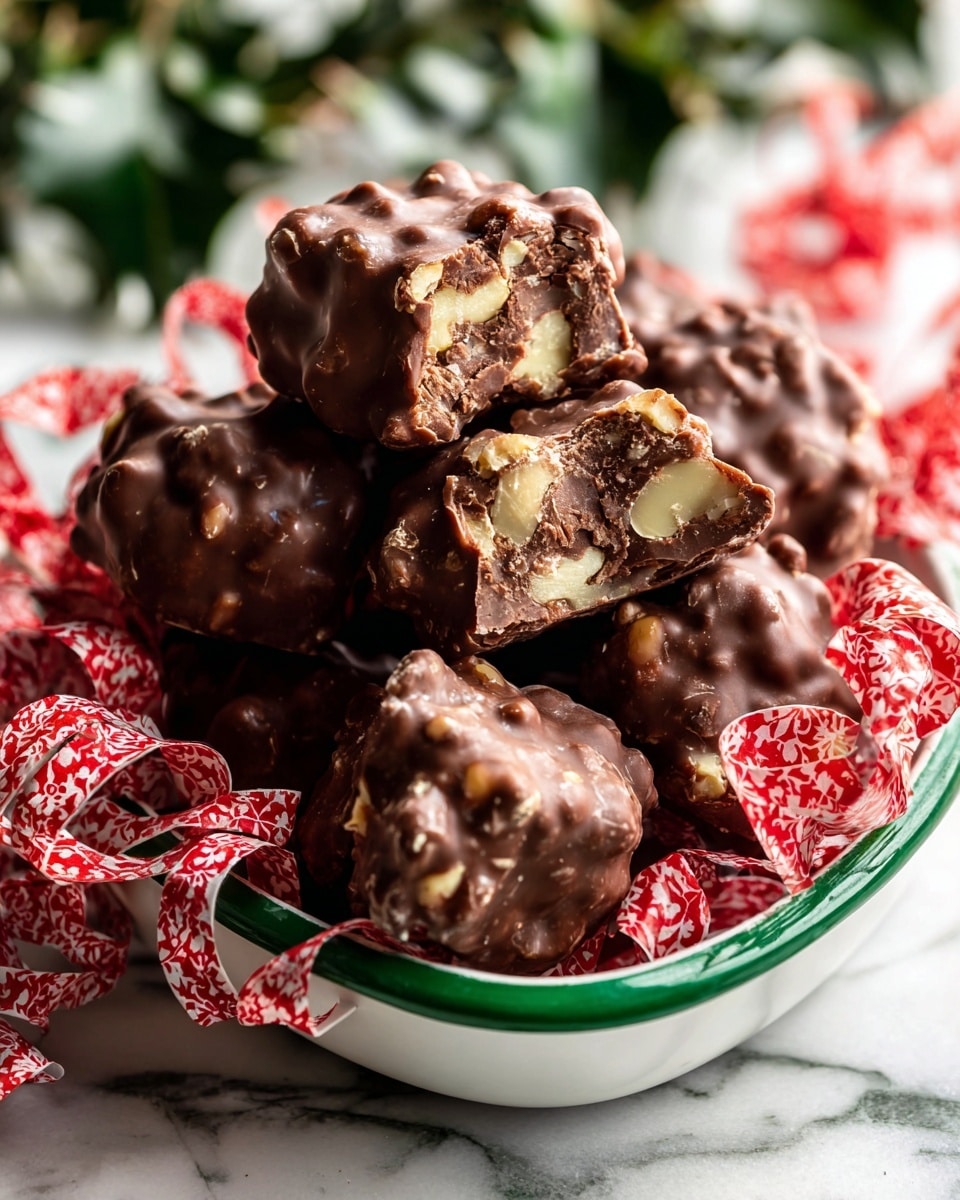 The image shows a pile of chunky chocolate candies stacked inside a white bowl with a green outer edge, surrounded by curly red and white paper ribbons. The candies are rough and thick, with visible nuts embedded inside both the whole and one bitten piece. The bitten piece shows layers of dark brown chocolate and light-colored nuts inside, giving a rich texture. The bowl is placed on a white marbled surface with some blurred green foliage in the background. photo taken with an iphone --ar 4:5 --v 7