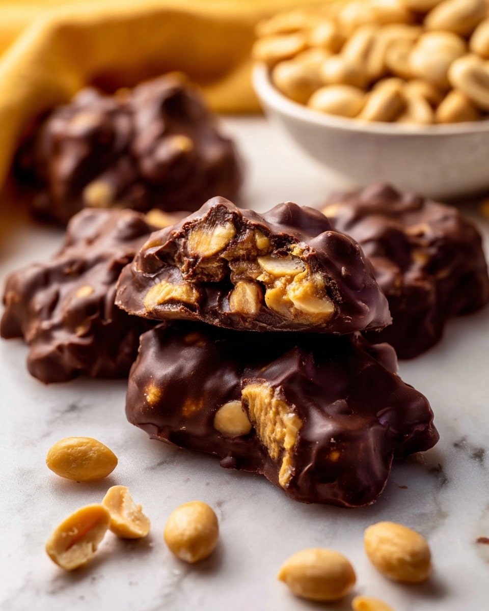 The image shows several irregular shaped dark brown chocolate clusters with a smooth and glossy surface, each studded with light tan whole peanuts inside and outside. One cluster is broken in half, showing the crunchy peanut pieces layered inside the thick chocolate coating. The clusters are arranged on a flat surface with a soft white marbled texture. In the background, there is a white bowl filled with peanuts, slightly blurred, along with a soft yellow cloth adding a warm tone to the scene. Photo taken with an iphone --ar 4:5 --v 7