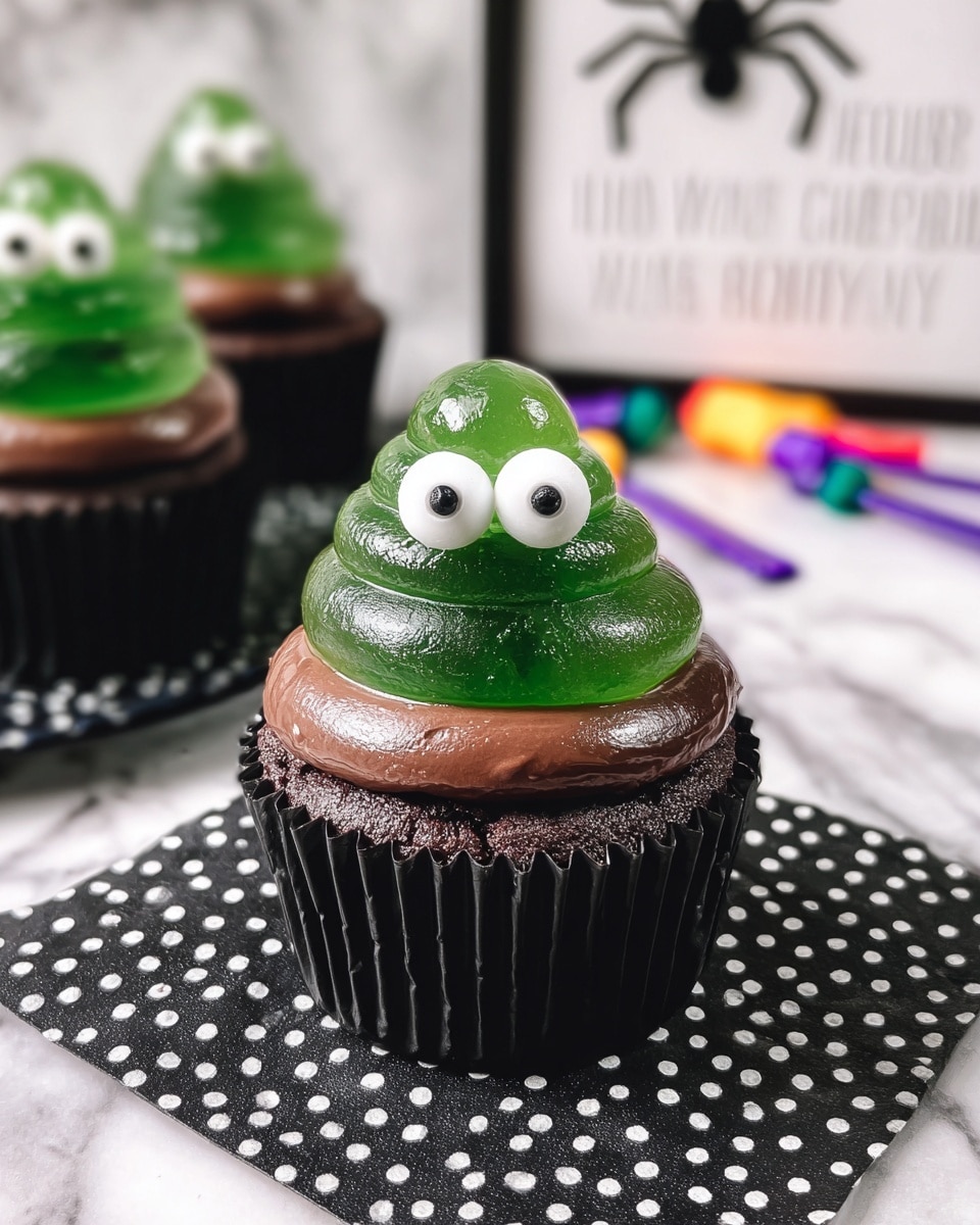 The image shows a cupcake with three visible layers. The bottom layer is a dark brown chocolate cake wrapped in a black cupcake liner. The middle layer is a bright green frosting that looks soft and smooth, sitting evenly on top of the cake. The top layer is a shiny, translucent dark green jelly shaped in a swirl, resembling soft serve ice cream, with a slightly wet texture and small bubbles inside. Two round white candy eyes with black pupils are placed near the top of the jelly swirl, making it look like a cute monster or slime character. The cupcake is presented on a simple white plate against a white marbled surface, and there is a blurred background with another similar cupcake. Photo taken with an iphone --ar 4:5 --v 7