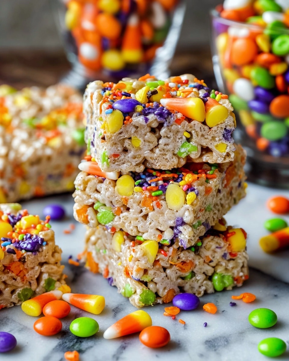 The image shows a stack of four square rice crispy treats mixed with colorful candy pieces and Halloween-themed sprinkles. Each treat has a light brown base of puffed rice cereal held together by a glossy, sticky binder. Bright orange, yellow, green, and purple candies are scattered throughout the treats, with small candy corn pieces on top of and inside the treats. The treats have a slightly rough texture from the rice grains and candy bits. Around the stack, there are loose, round candies in orange, purple, lime green, and red colors on a white marbled surface. In the blurred background, clear glass bowls hold more colorful candies and sprinkles. Photo taken with an iphone --ar 4:5 --v 7