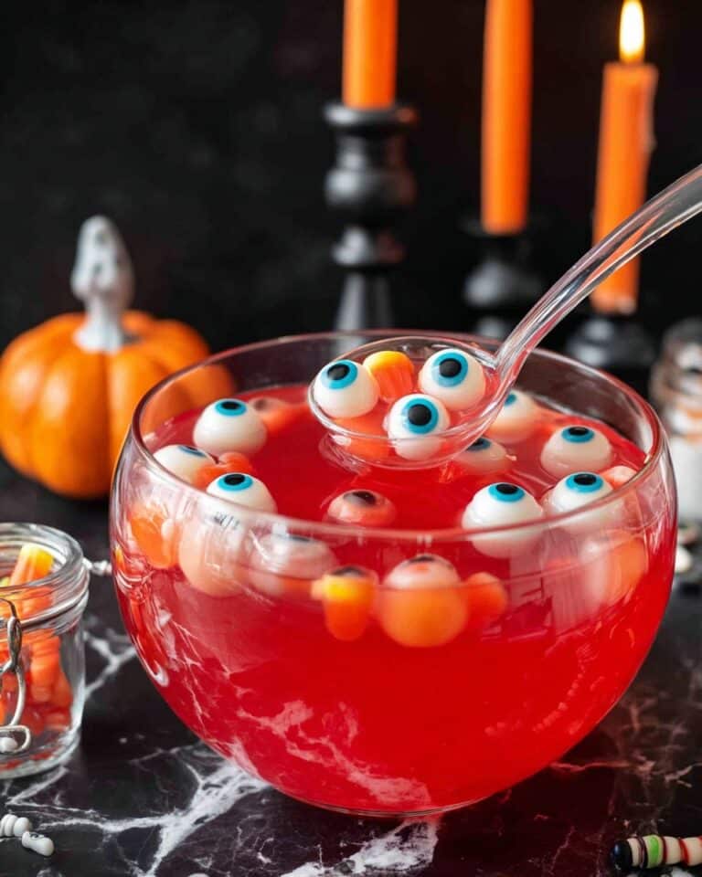 Halloween Punch with Gummy Eyeballs and Edible Gold Glitter Recipe