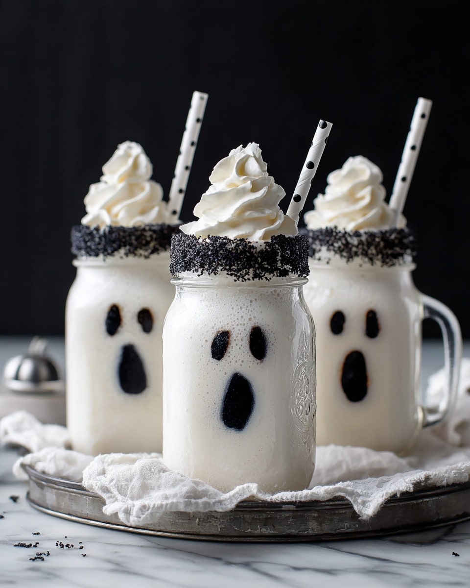 The image shows three clear glass jars filled with a thick, creamy white drink that looks like a milkshake. Each jar has black almond-shaped eyes and an open mouth made from a dark material, giving them ghost faces. The jars are topped with a swirl of white whipped cream, and the rims are coated with black sugar crystals. Each jar has a white straw with black polka dots standing inside. The jars are placed on a soft white cloth and a round metal stand, all set on a white marbled surface with a dark background. photo taken with an iphone --ar 4:5 --v 7