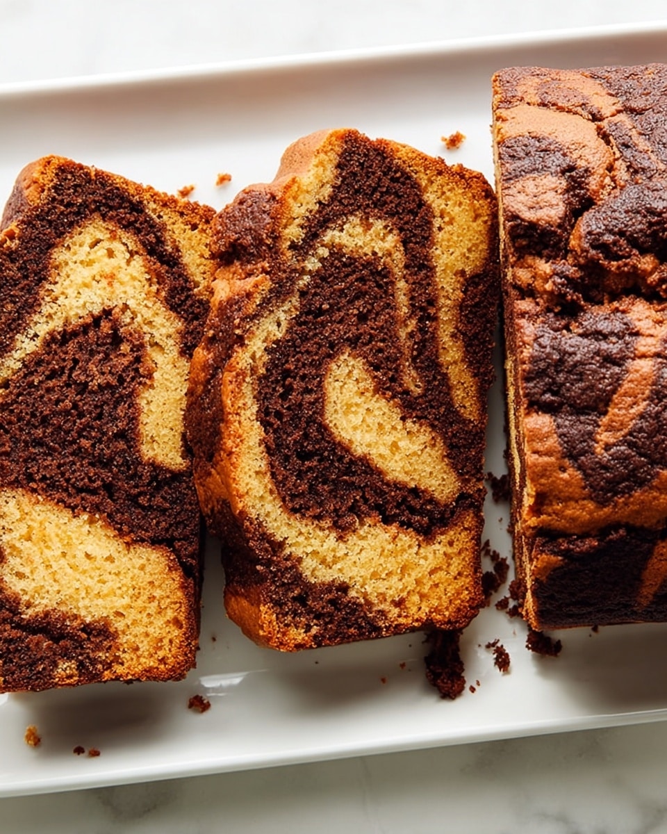 The image shows a close-up of a two-layer loaf cake standing upright on a light-colored wooden board over a white marbled surface. The loaf has a dense and crumbly texture with an irregular pattern of two main colors: a bright orange-brown layer and a dark brown layer, swirling together to create a marbled effect throughout the cake. The top of the cake is rounded and darker in color, with a slightly rough texture. Crumbs are visible at the base and edges, enhancing the cake’s fresh and moist look. The background consists of a white tiled pattern with soft lighting highlighting the textures. Photo taken with an iphone --ar 4:5 --v 7