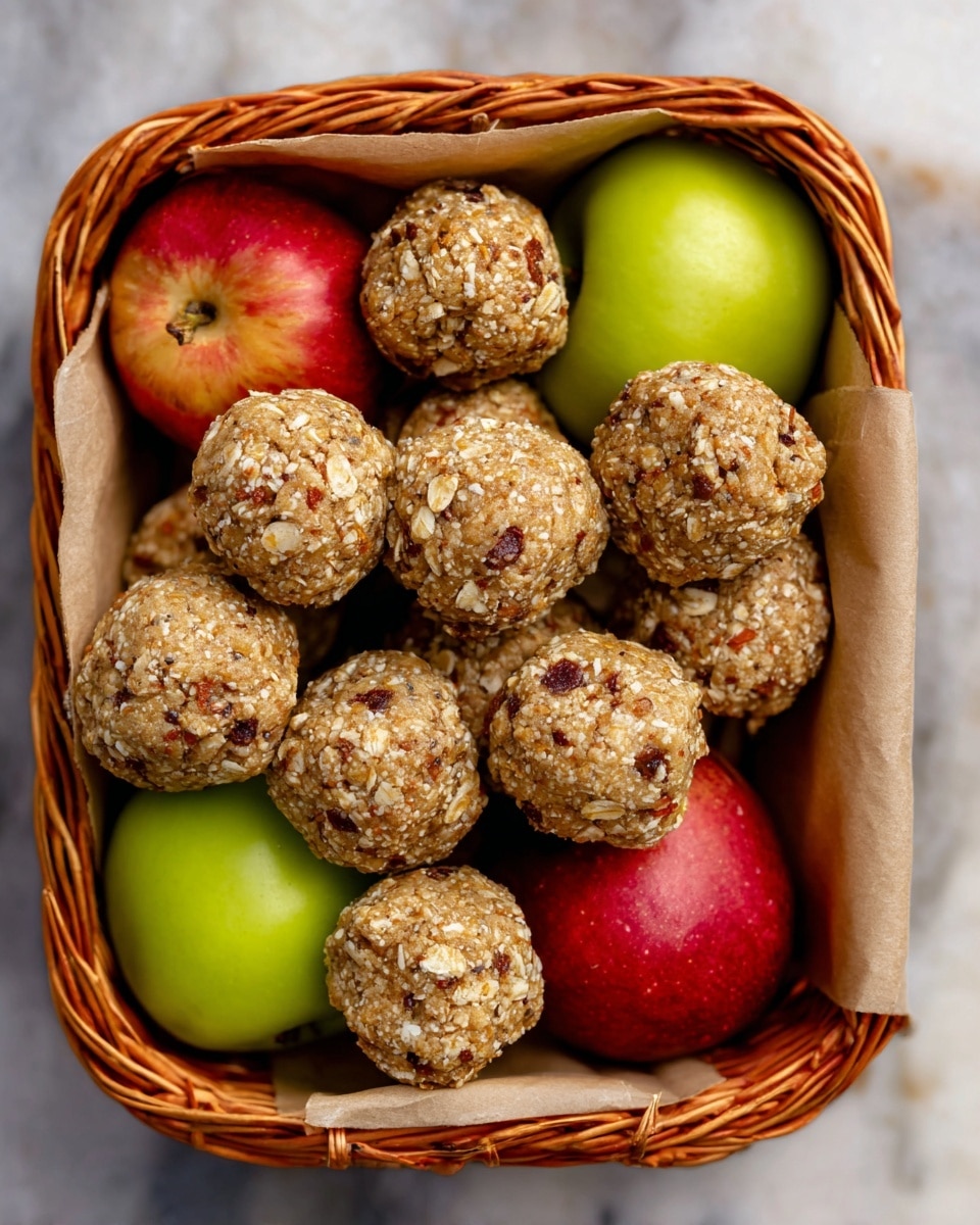 The image shows several round oat and nut energy balls with a rough texture, light brown with visible small pieces of nuts and dried fruit throughout. They are piled together on a white marbled surface, with bright red and green apples partially visible in the background. The balls appear slightly uneven in shape and are tightly packed in the center of the image. Photo taken with an iphone --ar 4:5 --v 7