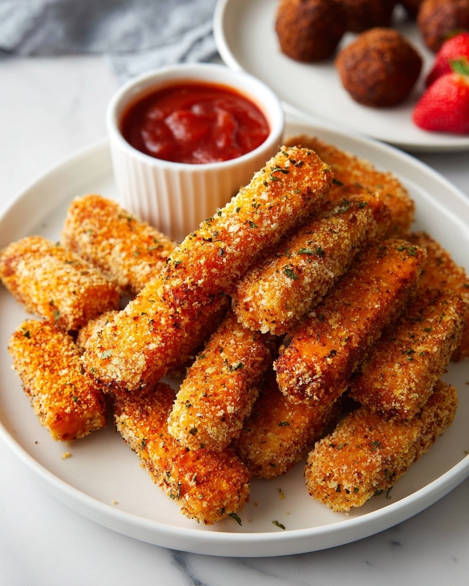 A white round plate holds a pile of about sixteen breaded sticks, each stick rough and crispy with a golden-orange color and some green herb flecks. The sticks are stacked so some lie flat on the plate while others lean against each other showing their textured crumb coating. Behind the plate to the left, there is a small white ramekin filled with thick red sauce. In the back to the right, a deep white round plate holds three browned meatballs and some halved fresh strawberries, all set on a white marbled surface. photo taken with an iphone --ar 4:5 --v 7