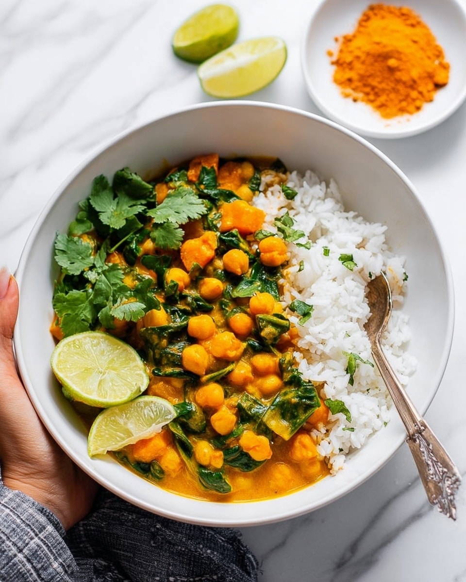 A white bowl contains a layered dish with a bright orange and yellow chickpea curry mixed with green spinach and fresh parsley leaves placed on the left side. On the right side, there is a layer of white cooked rice with a silver spoon resting beside it. Two lime wedges sit on the edge of the bowl, adding a touch of green and freshness. The bowl is set on a white marbled surface with a small white plate of orange powder spice and a wedge of lime in the background. A woman's hand is gently holding the edge of the bowl. Photo taken with an iphone --ar 4:5 --v 7