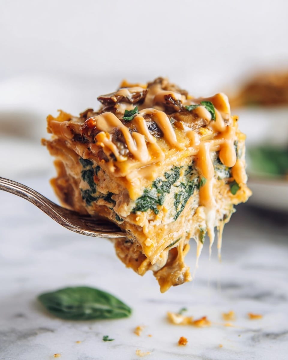 A close-up of a fork holding a square piece of lasagna with three visible layers: the bottom layer is a golden-brown pasta with a slightly crispy texture, the middle layer contains a creamy mixture with spinach and small mushroom pieces, and the top layer is covered with melted cheese that has a creamy orange hue and is drizzled in lines. The background is blurred with a white marbled texture and there is a small green leaf and some crumbs scattered below. Photo taken with an iphone --ar 4:5 --v 7