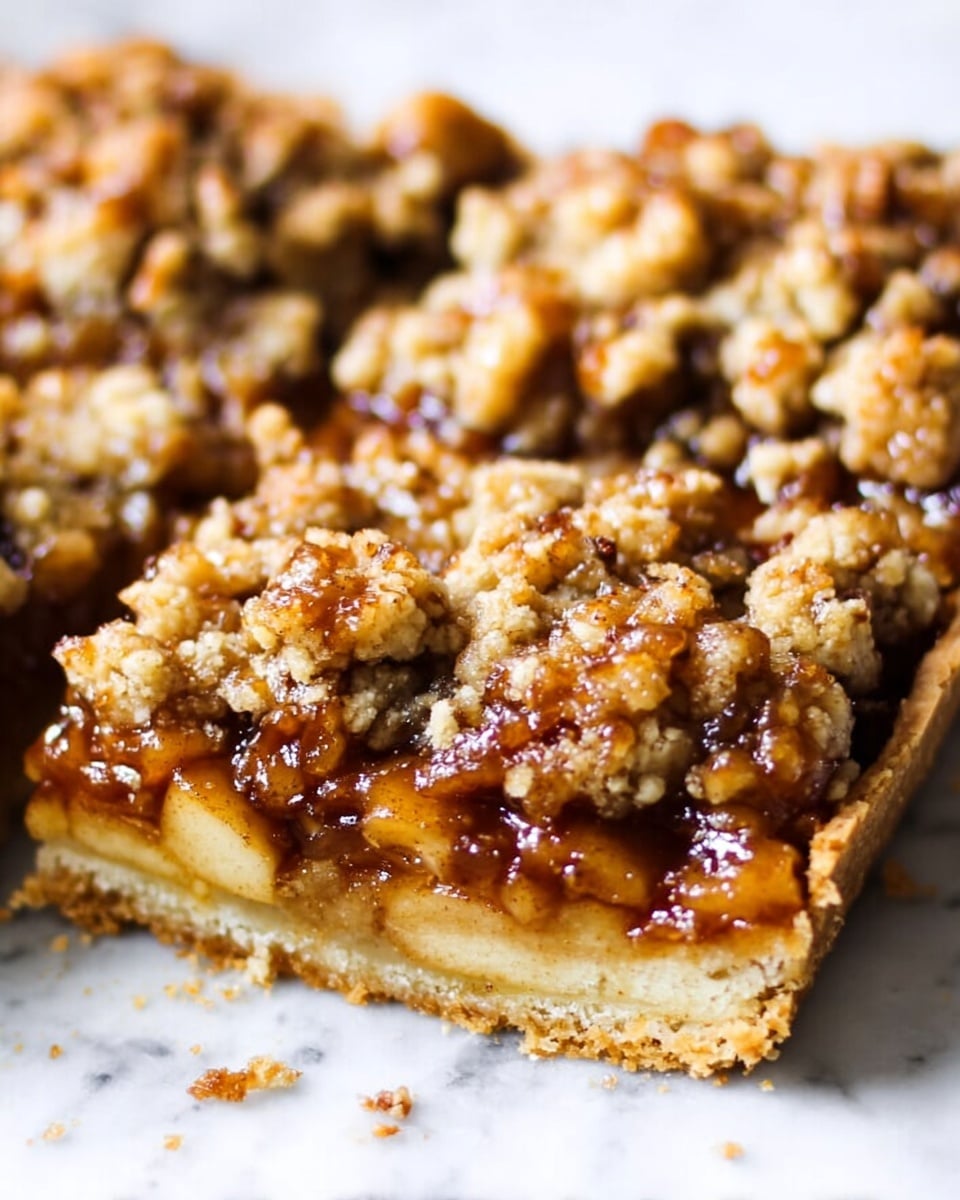 The image shows a close-up of a square apple crumble tart on a white marbled surface. The bottom layer is a golden-brown crust that looks firm and slightly thick. On top of the crust, there is a thick layer of cooked apple pieces, caramelized with a shiny, sticky brown glaze mixed with cinnamon, giving it a warm, inviting color. The top layer is a chunky, crumbly streusel with a light beige color speckled with bits of cinnamon and pecans, giving it a rough and textured look. A slice has been taken out, showing the clear layers inside the tart. Photo taken with an iphone --ar 4:5 --v 7