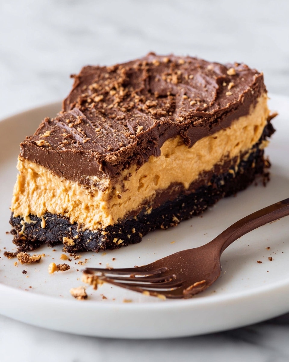 The image shows a close-up of two thick square dessert bars stacked on top of each other against a white marbled background. Each bar has two main layers: the bottom layer is a dense dark brown chocolate base with a rough texture, and the top layer is a thick, creamy light brown peanut butter filling that looks soft and slightly crumbly. On top of the peanut butter layer is a generous spread of dark brown chocolate with a textured, swirled pattern that looks slightly firm but not smooth. The edges of the bars are uneven and have small crumbs around them. photo taken with an iphone --ar 4:5 --v 7