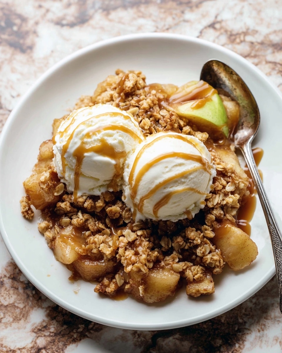 A white plate holds a warm apple dessert with a crumbly oat topping and soft apple chunks mixed with cinnamon sauce as the bottom layer. On top, there are two scoops of smooth white vanilla ice cream, drizzled with caramel sauce that runs down slightly onto the dessert. The texture contrasts from soft fruit to crunchy topping and creamy ice cream. The plate is placed on a white marbled surface with a spoon resting on the right side, partially touching the dessert. Photo taken with an iphone --ar 4:5 --v 7