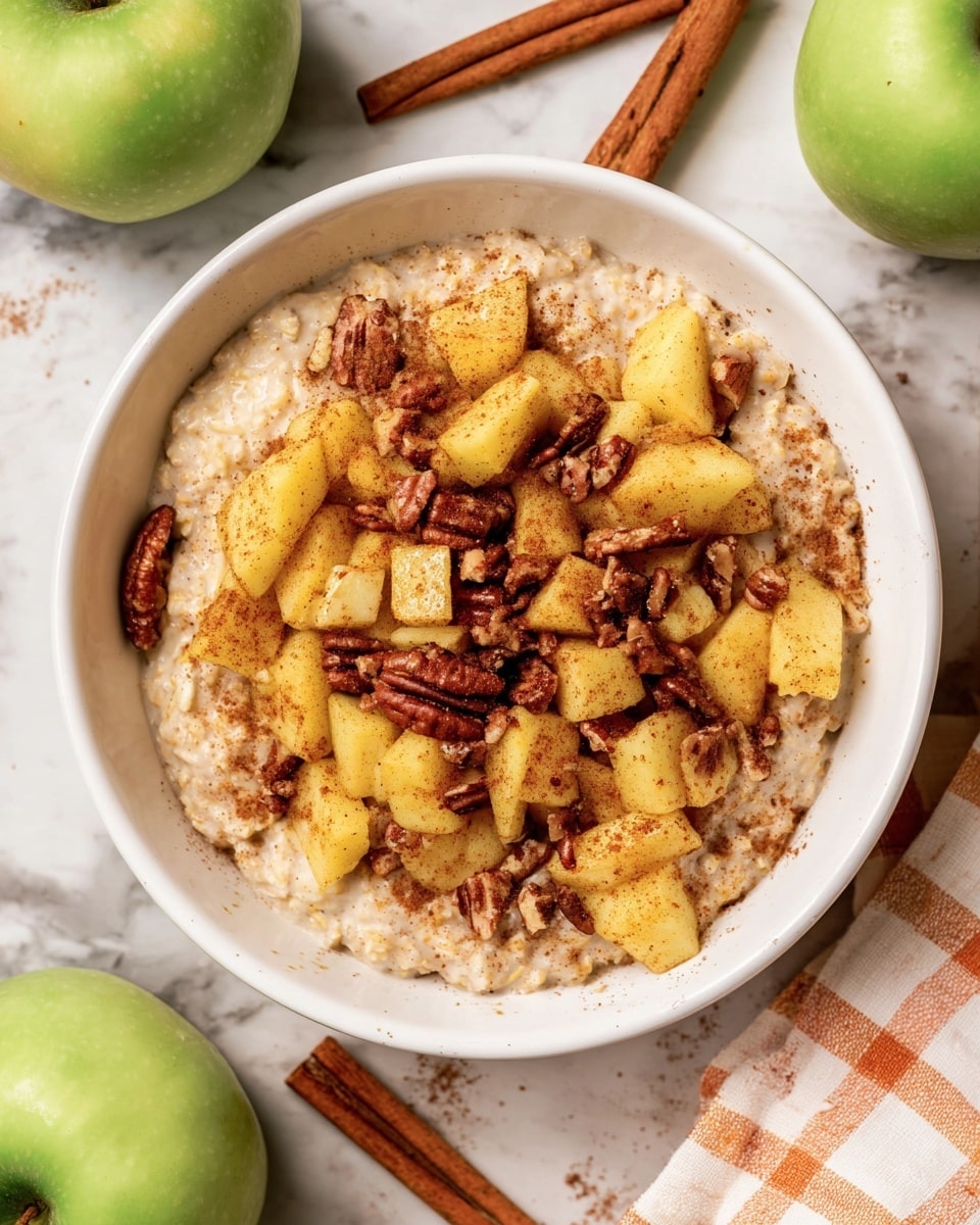A white bowl filled with oatmeal as the base layer, light beige in color and creamy in texture, topped with a second layer of soft yellow apple chunks sprinkled generously with brown cinnamon powder. Scattered on top are small, roughly chopped dark brown pecans for a crunchy texture. The bowl sits on a white marbled surface with green apples and cinnamon sticks around it, accompanied by a white and orange checkered cloth. Photo taken with an iphone --ar 4:5 --v 7