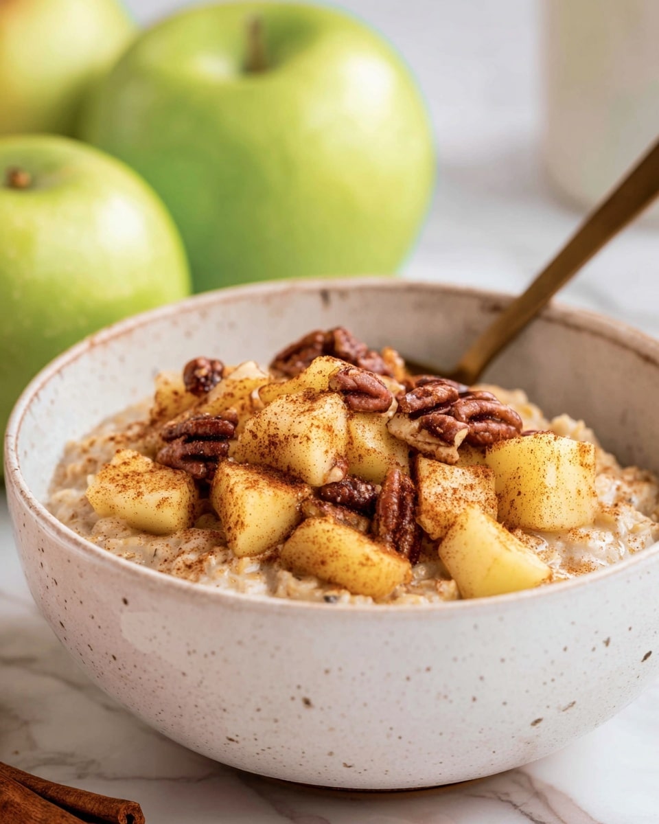 A close-up view of a bowl with three layers: at the bottom, a creamy beige oatmeal with a slightly rough texture; above it, golden-yellow chunks of cooked apple sprinkled with a light dusting of cinnamon; scattered on top are dark brown pecan pieces adding a crunchy texture. A bronze spoon rests in the bowl, and the background shows blurred green apples on a white marbled surface. The bowl is speckled white ceramic. photo taken with an iphone --ar 4:5 --v 7