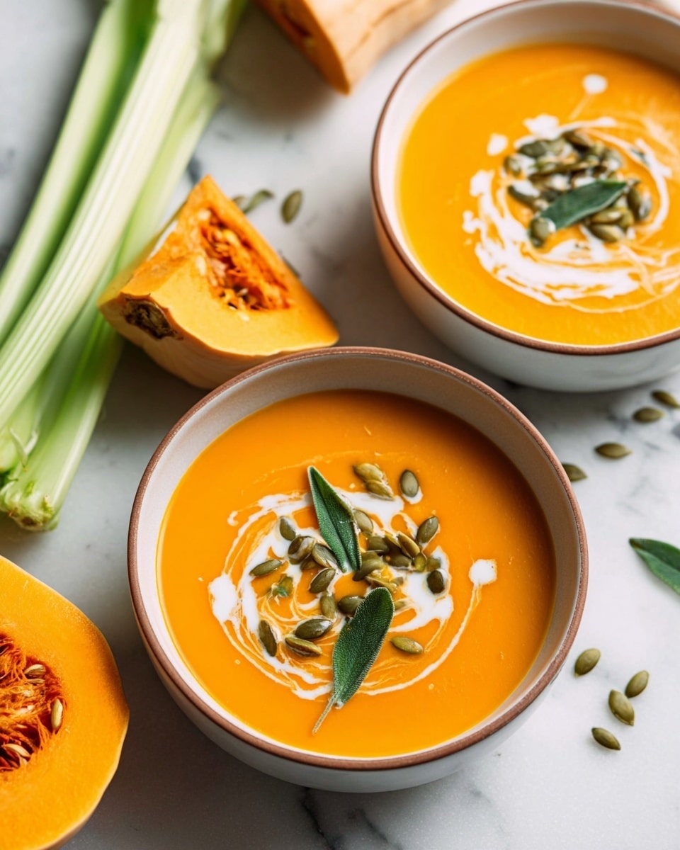 The image shows two bowls filled with smooth, bright orange soup. Each bowl has a swirl of white cream on top, with green leaves and pumpkin seeds scattered over the cream. The bowls are white with a subtle brown rim. In the background and foreground, there are light green celery stalks and parts of a butternut squash with seeds visible, all placed on a white marbled surface. The overall look is fresh and warm with a cozy feel. photo taken with an iphone --ar 4:5 --v 7