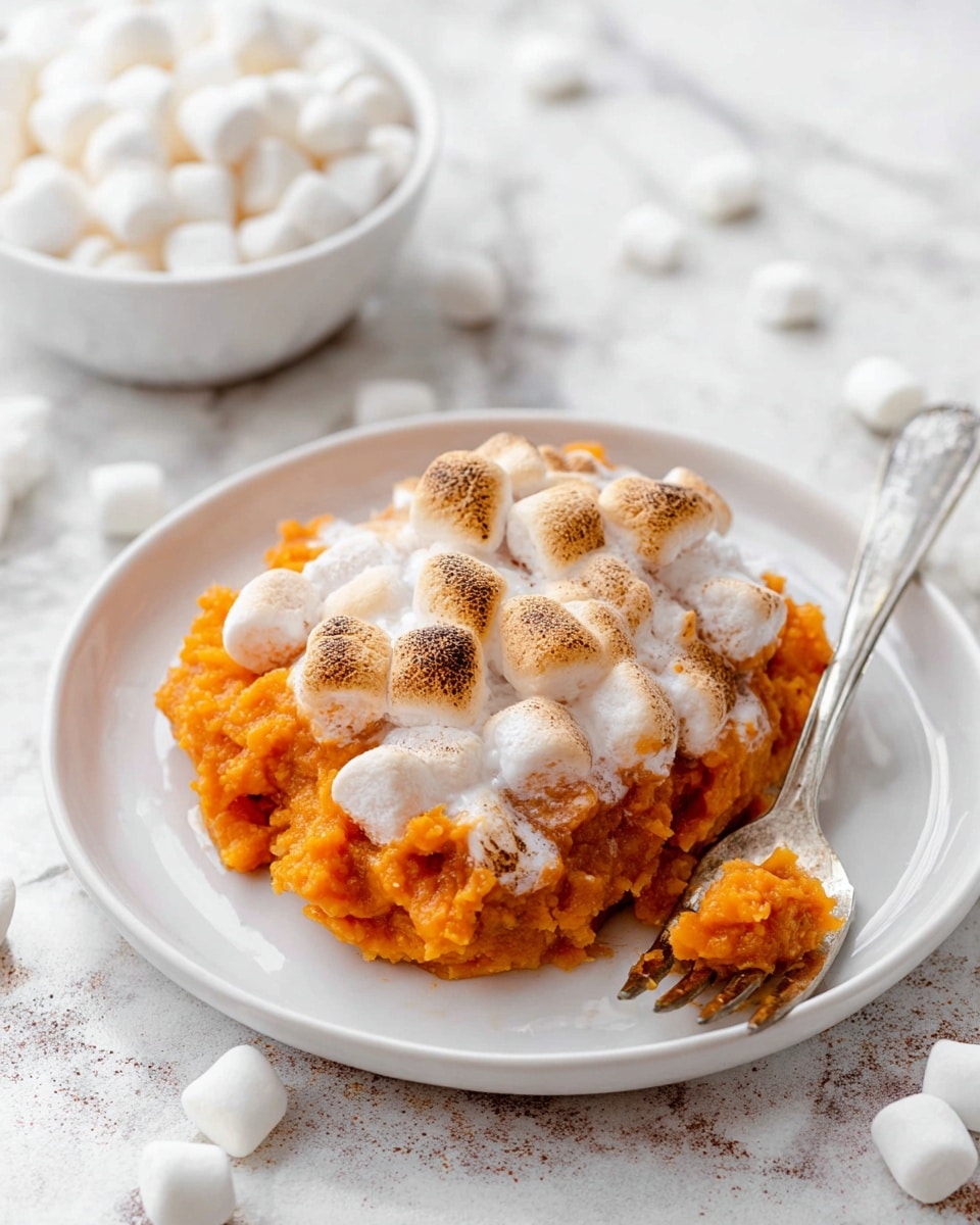 A white plate holds a serving of sweet potato mash forming the bottom layer, bright orange with a soft, slightly chunky texture. On top, there is a thick layer of toasted marshmallows, some browned and bubbly with a creamy, melted white surface. A silver fork rests on the right side of the plate. The setting is a white marbled surface, and in the background, a white bowl filled with more marshmallows sits slightly out of focus. Photo taken with an iphone --ar 4:5 --v 7