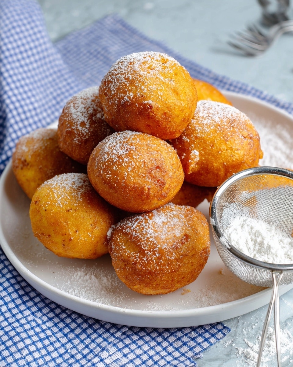 A white plate holds a pile of golden-brown fried dough balls, each round with a slightly rough texture and a light dusting of powdered sugar on top. The dough balls are stacked in two layers, the top layer showing the round shapes clearly, with one dough ball placed in front as the focus. To the right on the plate, there is a metal sifter filled with powdered sugar resting on the plate's edge. The plate is set over a blue and white checkered cloth, and the background was changed to a white marbled texture. photo taken with an iphone --ar 4:5 --v 7