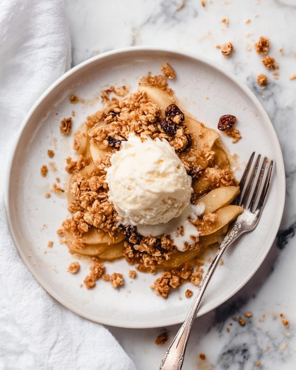 A white plate sits on a white marbled surface, holding a dessert with three layers. The bottom layer is made of thin, golden brown apple slices arranged loosely. On top is a crumbly granola layer mixed with raisins, showing a rough texture and warm brown color. A scoop of creamy white vanilla ice cream rests in the center, slightly melting and spreading over the granola and apple layers. A silver fork is placed on the right side of the plate with its handle pointing downwards. Some granola crumbs are scattered around the plate and marble surface. Photo taken with an iphone --ar 4:5 --v 7