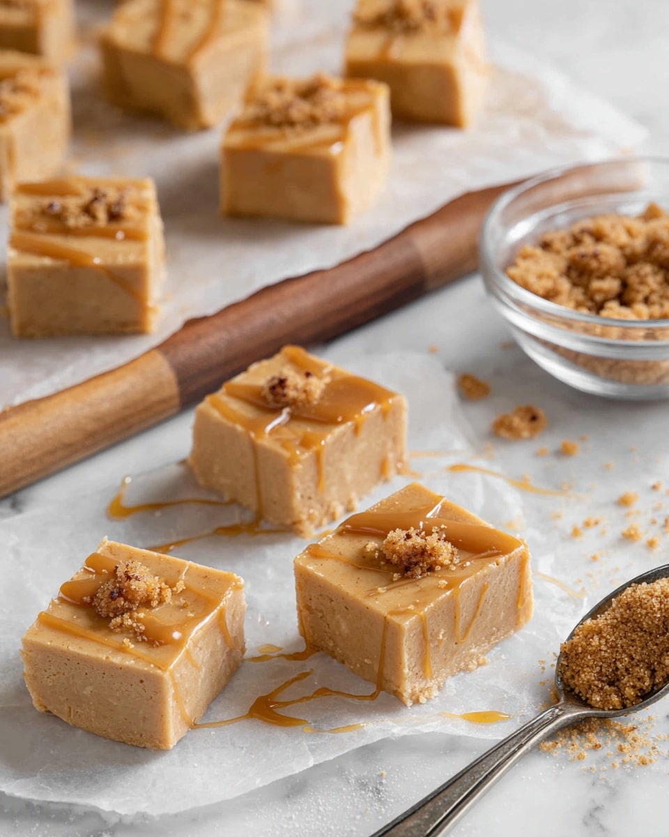 The image shows soft, light brown fudge cut into square pieces on white parchment paper over a white marbled surface. Each square has a smooth texture and is topped with a drizzle of glossy caramel sauce and sprinkled with small crumbs of darker brown topping. More fudge squares without topping are visible in the background on white parchment paper on a wooden board. On the right side, there is a silver spoon with some crumbs and caramel sauce and a small glass bowl containing more of the crumb topping. Photo taken with an iphone --ar 4:5 --v 7