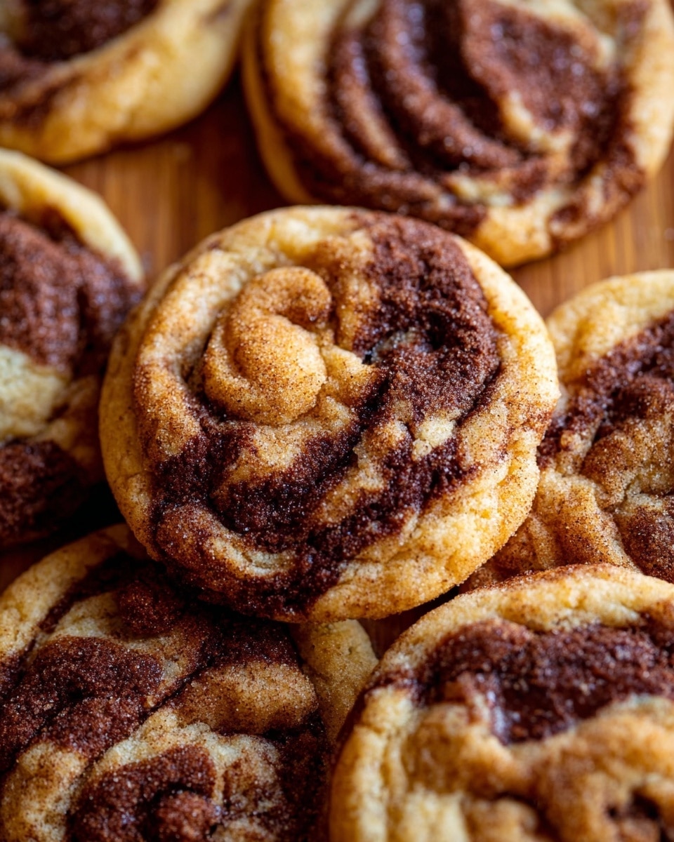 The image shows a close-up of several small round cookies with a marbled pattern. Each cookie has two main layers: a light golden dough layer mixed with a rich dark brown chocolate layer that swirls through the top, creating a textured and slightly bumpy look. The cookies have soft edges and a slightly cracked surface with visible cinnamon or sugar dusting on top. They are placed closely together on a wooden surface that appears warm and rustic. The overall look is warm, inviting, and homey. photo taken with an iphone --ar 4:5 --v 7
