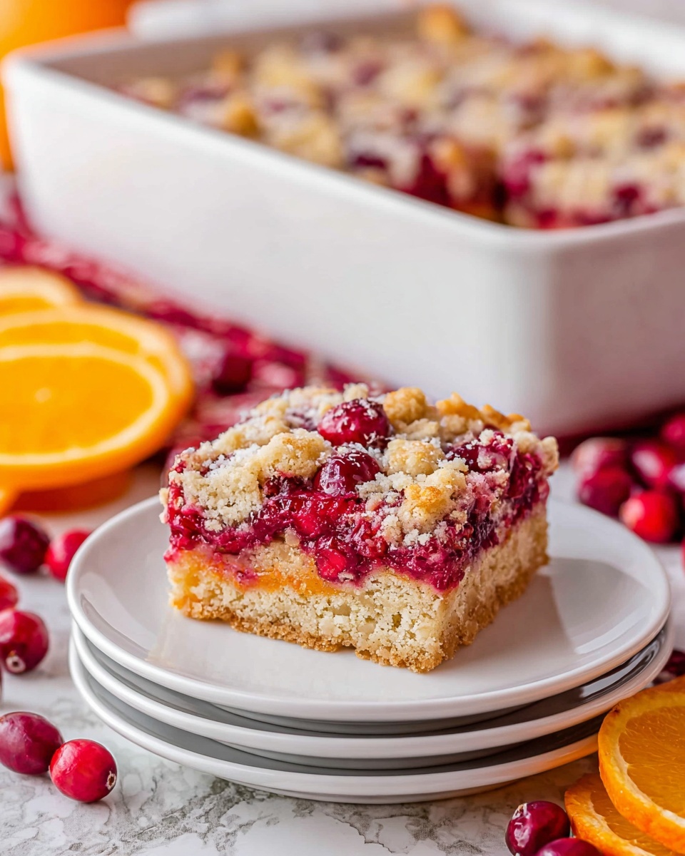 A single square piece of cranberry dessert sits on a white round plate, showing three visible layers: a light beige crumbly base, a thick pinkish-red cranberry layer with whole cranberries embedded, and a slightly golden, soft topping with powdered sugar. Behind it, a stack of white plates holds another piece of the dessert, matching in texture and layers. To the right, a white bowl is filled with fresh, deep red cranberries, and orange slices and loose cranberries are scattered around on a wooden table. Three silver forks rest on the table’s edge in the foreground. The background is a white marbled texture photo taken with an iphone --ar 4:5 --v 7