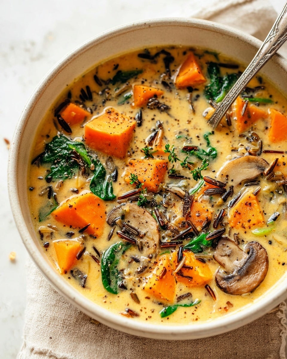A close-up view of a white bowl filled with creamy soup containing several layers of bright orange carrot slices, light brown mushroom pieces, dark green leafy vegetables, and wild rice grains scattered throughout. The creamy base is light tan with specks of black pepper and herbs floating on top. The bowl sits on a white marbled surface with a beige cloth partially visible beneath it. photo taken with an iphone --ar 4:5 --v 7