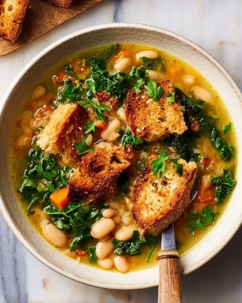 Hearty Kale Soup with White Beans, Lemon, and Homemade Croutons Recipe