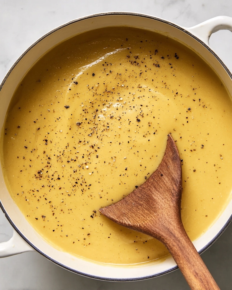 A close-up top view of a white pot filled with thick, smooth yellow soup sprinkled with black pepper on top, with a wooden spoon resting in the soup, stirring gently, the pot is placed on a white marbled surface, the soup has a creamy texture with some shine, and the pepper adds small dark spots over the surface photo taken with an iphone --ar 4:5 --v 7