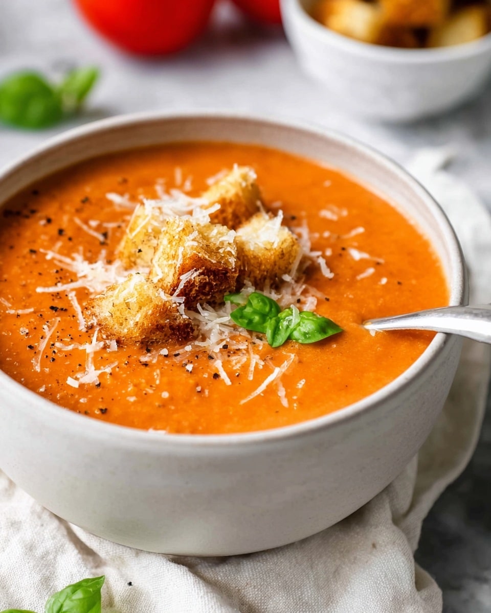 A white bowl is filled with smooth, thick orange tomato soup. On top, there are several golden-brown croutons sprinkled with grated white cheese and small black pepper dots. Two small bright green basil leaves sit in the middle as garnish. A white spoon rests inside the soup, near the right edge of the bowl. The bowl is placed on a soft white cloth over a white marbled surface with blurred tomatoes and a white bowl with croutons in the background. Photo taken with an iphone --ar 4:5 --v 7