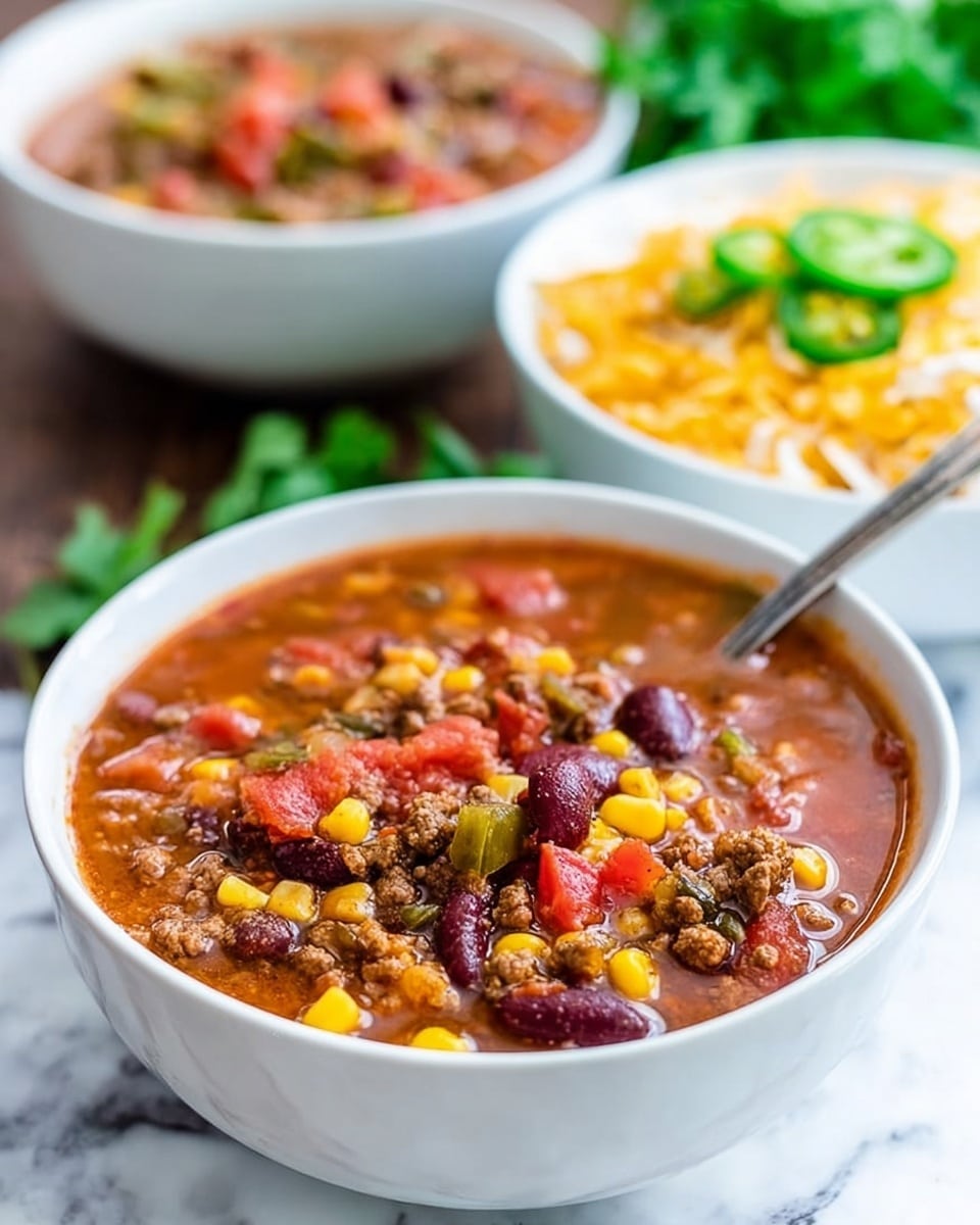 A white bowl filled with chili soup, showing a rich mix of ingredients including yellow corn kernels, red kidney beans, small pieces of ground meat, diced red tomatoes, and bits of green peppers, all in a slightly thick reddish-brown broth; a spoon is dipped into the front bowl. Behind it, two more white bowls hold different dishes, one with a topping of green sliced jalapeños and yellow chips, and a blurred bunch of green cilantro is seen to the side, all placed on a white marbled surface. photo taken with an iphone --ar 4:5 --v 7