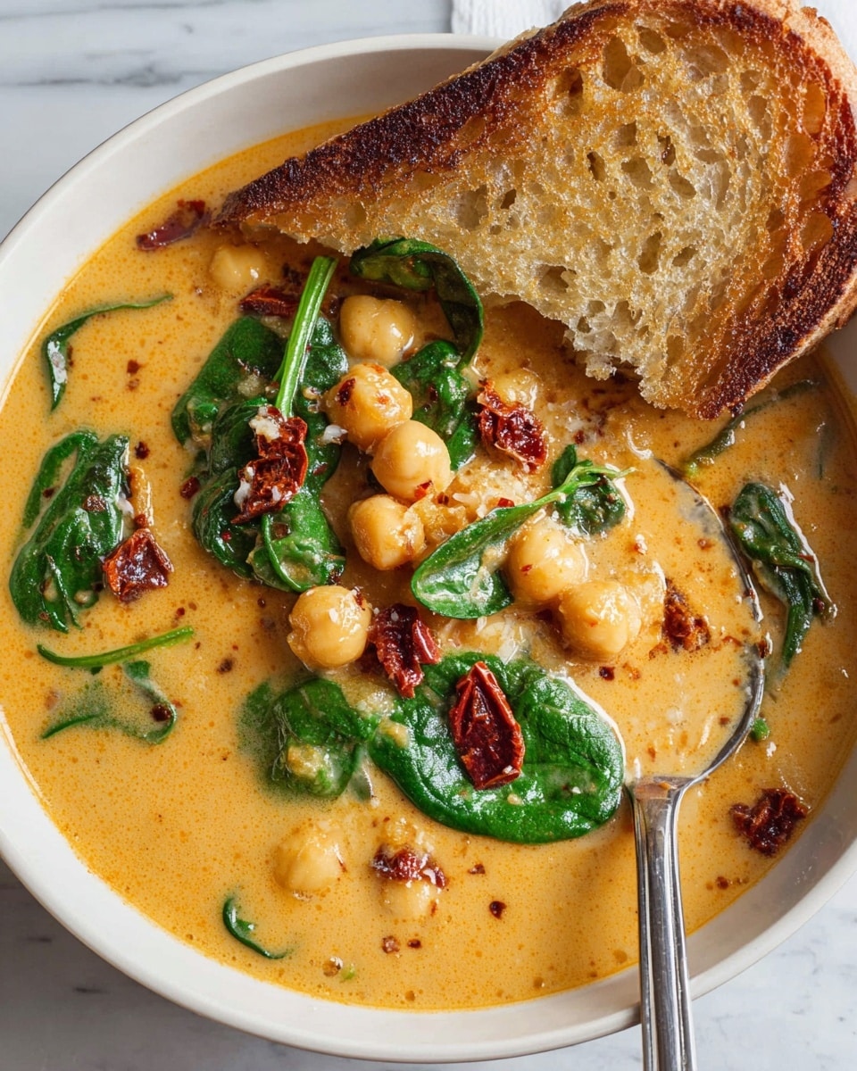 A white bowl filled with creamy orange soup that has chickpeas, dark green spinach leaves, and small pieces of sun-dried tomatoes scattered in it. A large piece of toasted bread with a golden-brown crust and soft inside rests on the edge of the bowl, partially dipped into the soup. A shiny silver spoon sits inside the bowl, resting on the right side, scooping up some chickpeas and spinach. The bowl is placed on a white marbled surface. photo taken with an iphone --ar 4:5 --v 7