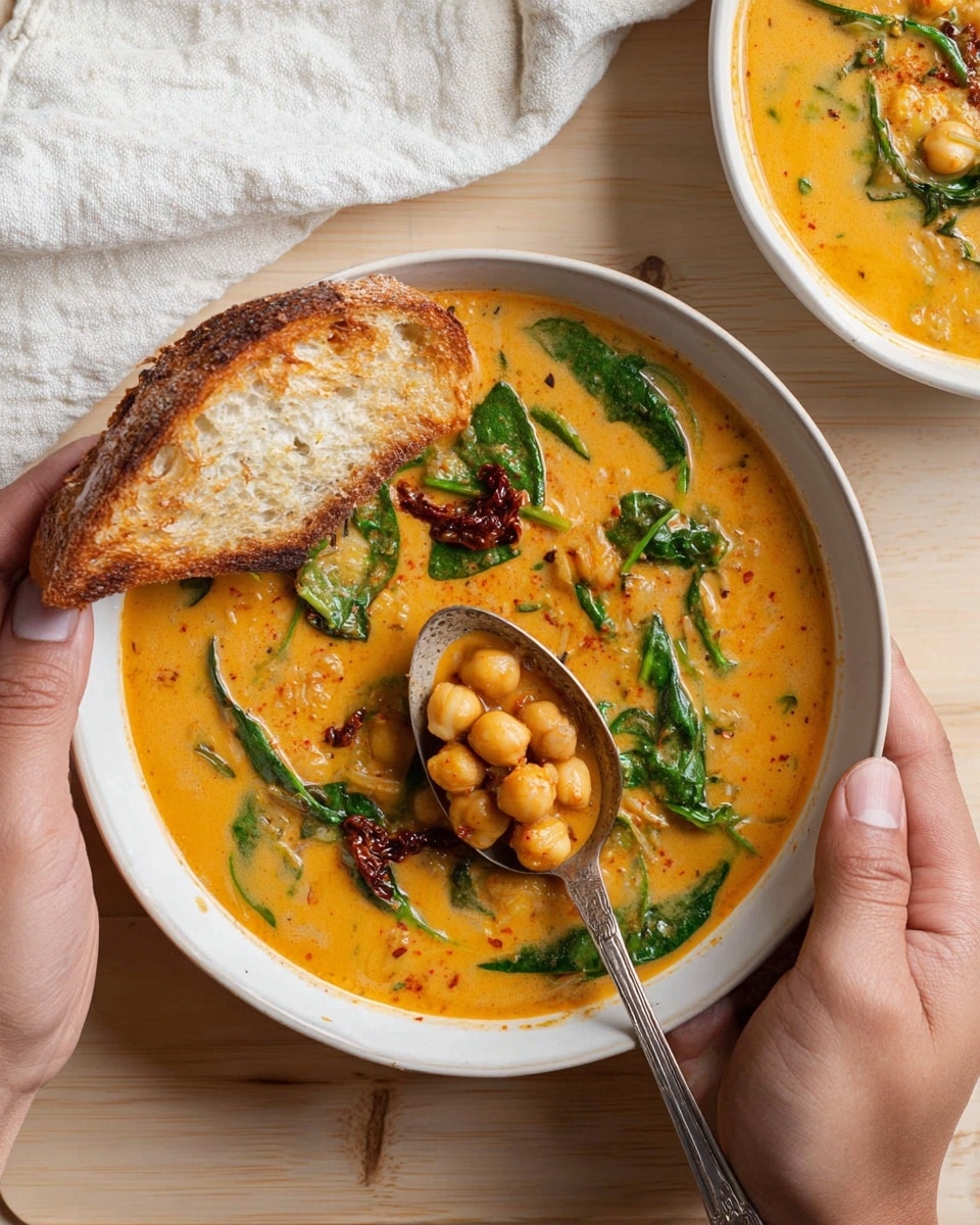 A white bowl filled with creamy orange soup containing chickpeas and green spinach leaves, with a slice of toasted bread partly dipped in the soup at the top edge of the bowl. The soup also has small pieces of onion and some darker brown dried tomato bits scattered throughout. A silver spoon is inside the bowl, holding a scoop of chickpeas and spinach. The bowl is being held by two hands on each side, placed on a light wooden surface with a white cloth on the top left corner. Another white bowl with the same soup is partially visible in the top right corner. photo taken with an iphone --ar 4:5 --v 7