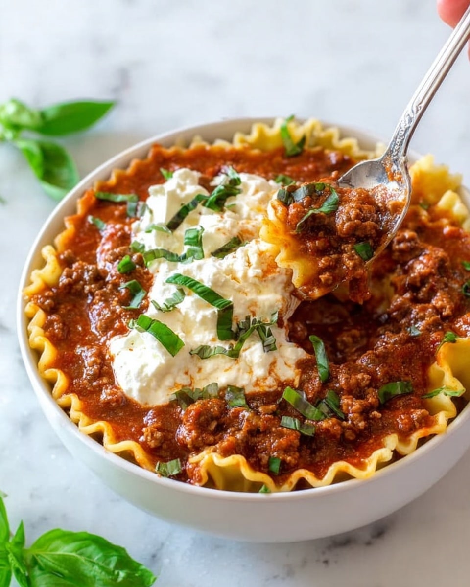 A white bowl filled with three main layers of food: the bottom layer is a thick red-brown meat sauce that looks rich and chunky, the middle layer is wavy lasagna noodles partially mixed with the sauce, and the top layer is dollops of white ricotta cheese with small pieces of green basil scattered on it. A silver spoon is scooping up some of the sauce, noodles, and cheese from the bowl. The bowl sits on a white marbled surface with a few green basil leaves around. Photo taken with an iphone --ar 4:5 --v 7
