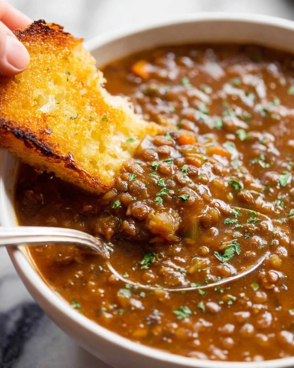 A close-up view of a bowl filled with thick brown lentil soup, showing a rich texture with visible lentils, small pieces of vegetables, and sprinkled green herbs on top. A golden-brown piece of crispy bread is dipped halfway into the soup on the left side, with a woman's hand holding it gently. A silver spoon rests inside the white bowl on the right side, slightly submerged in the soup. The background shows a white marbled texture. Photo taken with an iphone --ar 4:5 --v 7