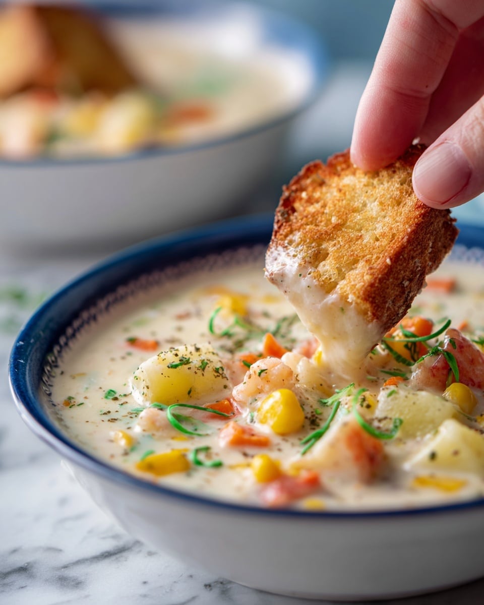 A close-up shot showing a woman's hand dipping a crispy golden-brown bread piece into a creamy white soup filled with small cubes of orange carrot, white potato chunks, yellow corn kernels, and thinly sliced green herbs on top. The soup is in a white bowl with a blue rim, set on a white marbled surface. In the background, a blurry second white bowl with more soup is visible. Photo taken with an iphone --ar 4:5 --v 7